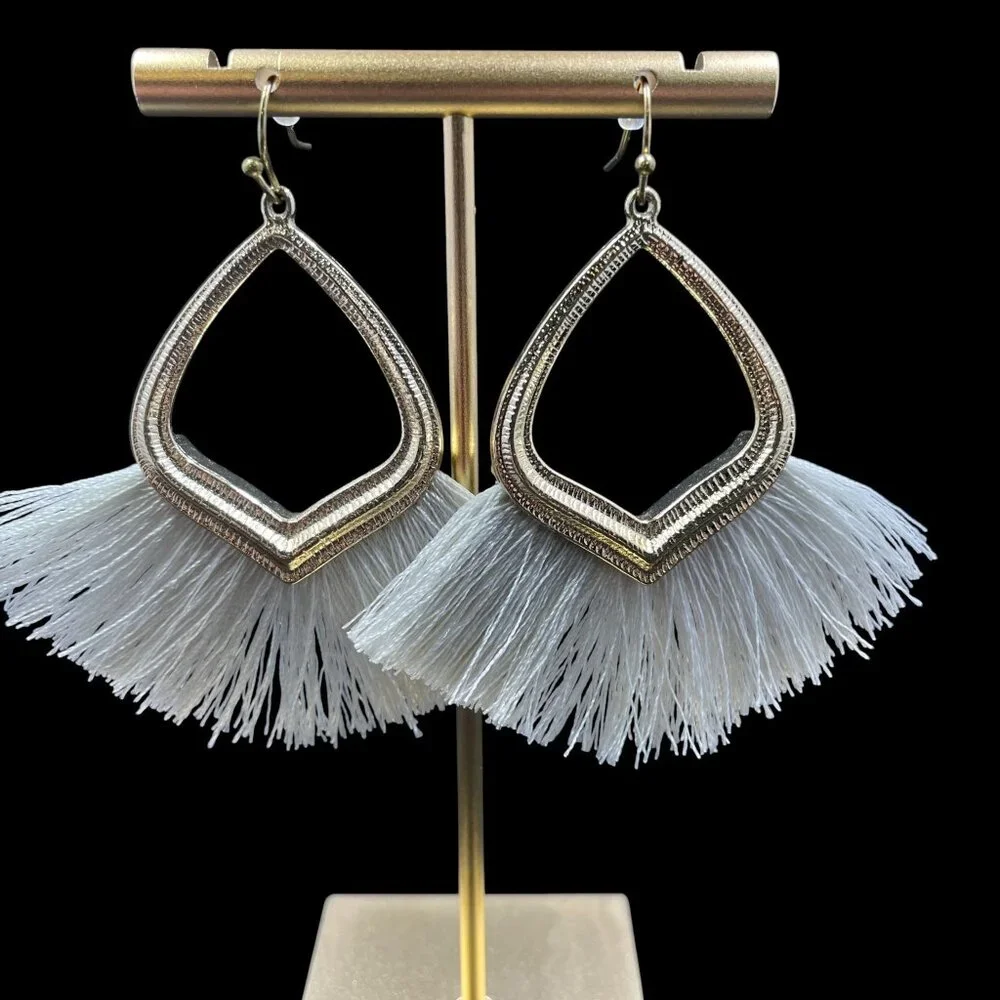 Gold Fringe Fan Tassel Earrings Festival Boho‎ Statement Whimsical Vacation Chic
